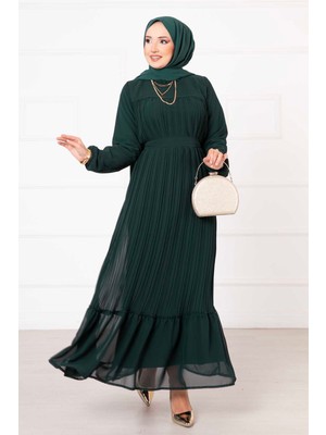 Pol Kuşaklı Piliseli Şifon Tesettür  Tesettür Elbise Zümrüt