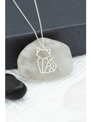 Kadın 925 Ayar Gümüş Origami Kedi Kolye