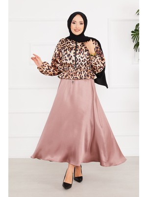 Md Leopar Desenli Tesettür Saten Takım -3