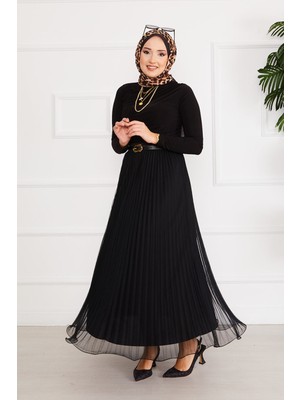 Kç Eteği Volanlı Tesettür Tül Etek Siyah