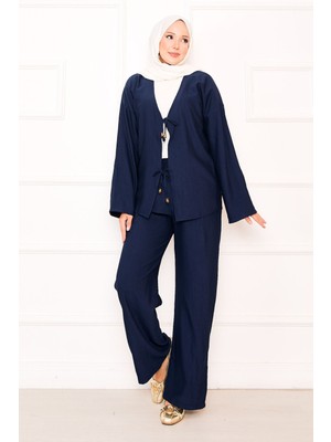 ZNK Önden Bağcık Detaylı Pantolonlu İkili Takım Lacivert