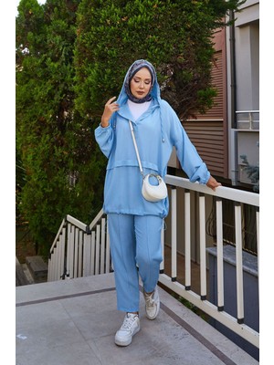 Md Kapüşon Ve Düğme Detaylı İkili Takım Bebe Mavisi
