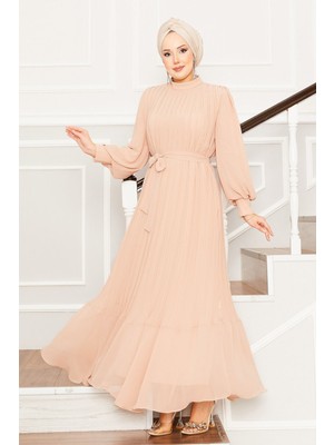 Md Kolları Organze Tesettür Abiye Bej