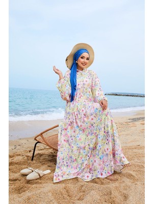 Ums Dijital Baskılı Modal  Tesettür Elbise Sarı