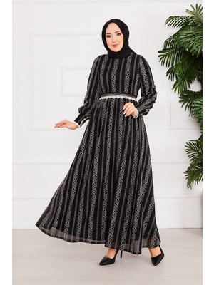 Md Dantel Detaylı Beli Kuşaklı Tesettür Elbise Siyah