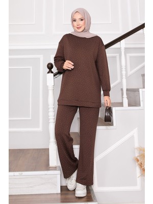 Md Pırıltılı Bisiklet Yaka İkili Takım Kahve