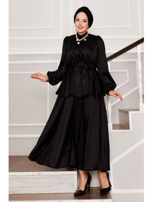 Md Beli Büzgülü Kuşaklı Jakar Takım Siyah