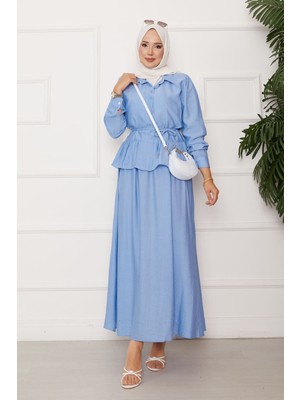 ZNK Beli Bağcık Detaylı Etekli İkili Çilek Takım Bebe Mavisi