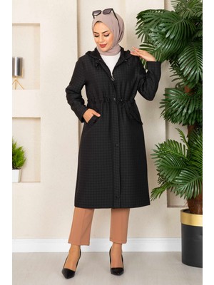 Md Kapüşonlu Kapitone Tesettür Trenç Siyah