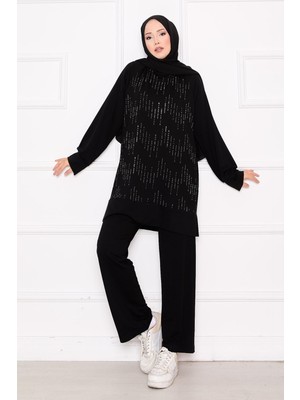 Azr Işıltı Taş Detaylı Oyşo İkili Takım Siyah