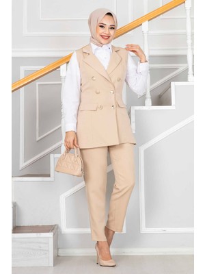 HP Mendil Yaka Detaylı Tesettür Yelek Takım Krem