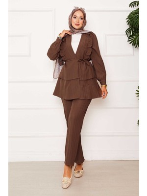 Md Eteği Volanlı Fırfır Detaylı İkili Takım Kahve