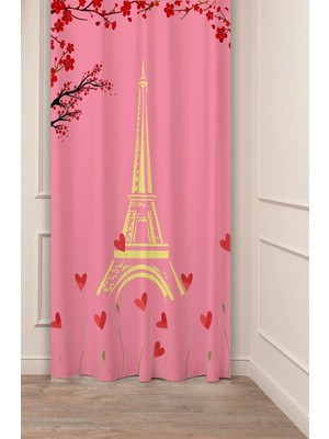 Greendecor Aşk Eyfel Külesi Kalp Pembe Kırmızı Desenli Özel Tasarım Dijital Baskılı (Tek Kanat) Şık Fon Perde