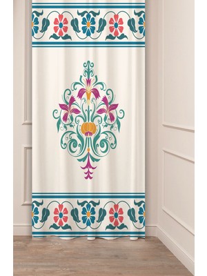 Greendecor Etnik Anadolu Motif Çiçek Pastel Bohem Özel Tasarım Dijital Baskılı (Tek Kanat) Bej Krem Fon Perde