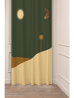 Greendecor Bohem Ay Güneş Çöl Sade Bej Desenli Özel Tasarım Dijital Baskılı (Tek Kanat) Şık Modern Fon Perde