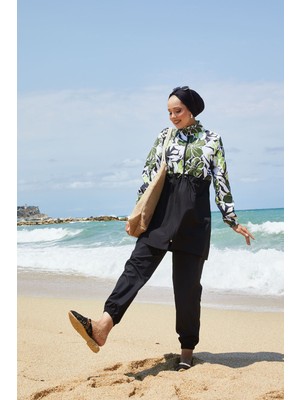 Md Beli Büzgülü Çiçek Desen Tesettür Mayo Haki