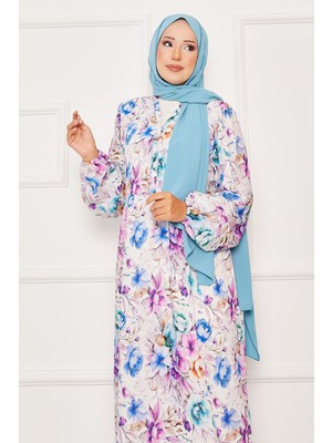 Mlk Çiçekli Yarım Düğmeli Tesettür Elbise Mor