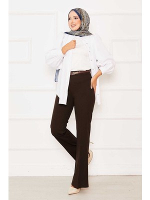 Kç Beli Lastikli İspanyol Paça Pantolon Kahve