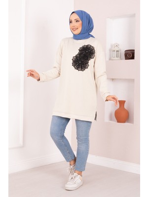 Cvn Çiçek Nakışlı Oyşo Tesettür Tunik Bej