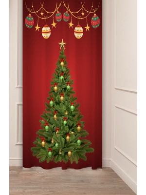 Greendecor Yılbaşı Çam Ağacı Noel Ağacı Kar Yeni Yıl Christmas Desenli Özel Tasarımlı Dijital Baskılı Fon Perde