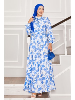 EFL Gömlek Yaka Yandan Bağlamalı Çiçekli Elbise Mavi