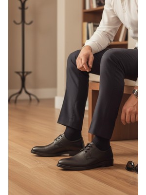 Enoch Hakiki Deri Siyah Ortopedik Bağcıklı Klasik Erkek Baba Ayakkabı