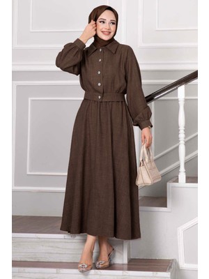 Md Taşlı Düğme Detaylı Etekli Takım Acı Kahve