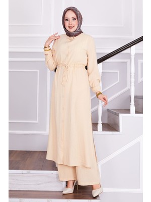 Asm Belden Bağlamalı Pantolonlu Tesettür Takım Bej