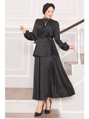 Md Beli Büzgülü Desenli Jakarlı Tesettür Takım Siyah