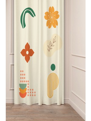 Greendecor Bohem Çiçek Geometrik Çizgi Krem Desenli Özel Tasarım Dijital Baskılı (Tek Kanat) Modern Fon Perde