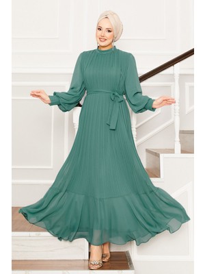 Md Kolları Organze Tesettür Abiye Çağla Yeşili