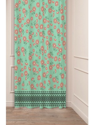 Greendecor Çiçekler Yaprak Kare Geometrik Çizgiler Desenli Özel Tasarım Dijital Baskılı (Tek Kanat) Fon Perde