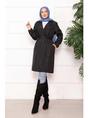 Md Kruvaze Yaka Kuşaklı Relax Trençkot Siyah