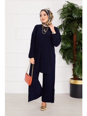 Nz Piliseli Rahat Kalıp Tesettür İkili Takım Lacivert