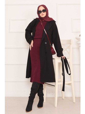 Md Arkası Düğme Detaylı Seyyar Kuşaklı Tesettür Trençkot Siyah