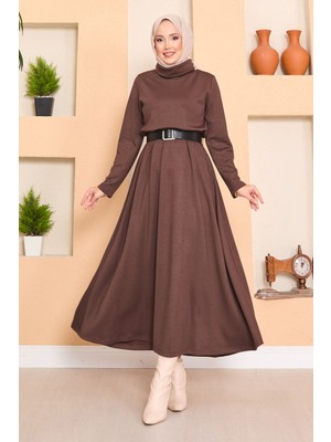 Md Balıkçı Yaka Beli Büzgülü Tesettür Elbise Kahve