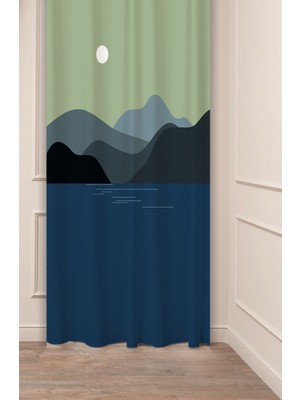 Greendecor Deniz Dağ Yakamoz Ay Göl Su Doğa Bohem Desenli Özel Tasarım Dijital Baskılı (Tek Kanat) Fon Perde