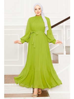 Md Kolları Organze Tesettür Abiye Yağ Yeşil