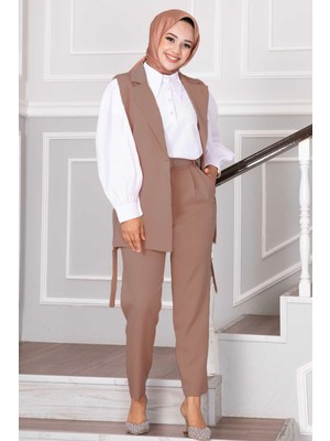 HP Yelekli Ikili Tesettür Takım Camel