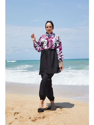 Md Beli Büzgülü Çiçek Desen Tesettür Mayo Mor