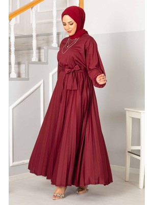 Md Begonya Pliseli Tesettür Elbise Bordo