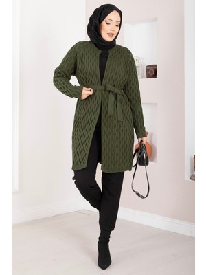 RAF Saç Örgü Kuşaklı Triko Hırka Haki