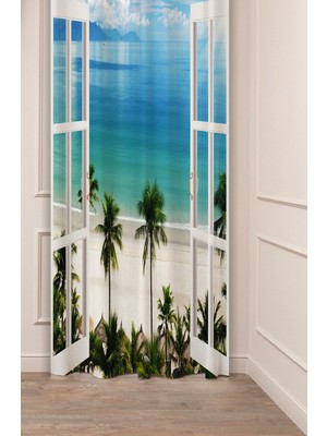Greendecor Deniz Palmiye Plaj Okyanus Manzara Huzur Desenli Özel Tasarım Dijital Baskılı (Tek Kanat) Fon Perde