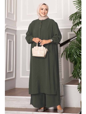 Md Yarım Düğmeli Uzun Tesettür İkili Takım Haki