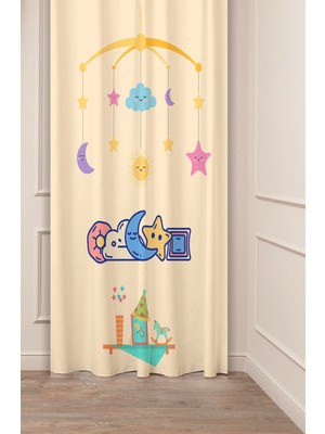 Greendecor Gökkuşağı Ay Yıldız Sevgi At Desenli Özel Tasarım Dijital Baskılı (Tek Kanat) Çocuk Odası Fon Perde