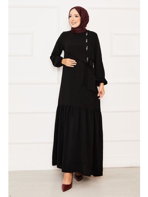 Asm Önü Aller Ve Taş Detaylı Bağlamalı Elbise Siyah