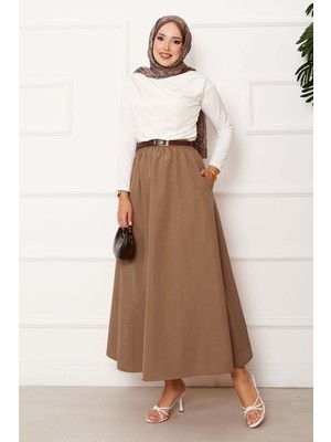 Kç Cep Detaylı Spor Terikoton Etek Sütlü Kahve