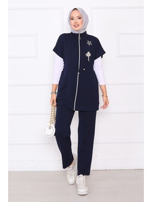 Md Taş İşlemeli Fermuarlı Yelek Takım Lacivert