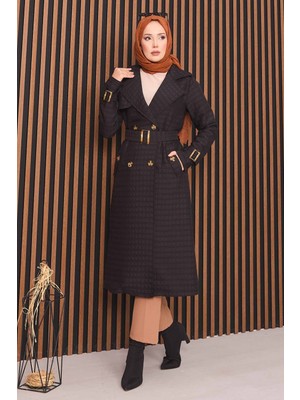 Md Kruvaze Yaka Kemerli Tesettür Kapitone Trençkot Siyah