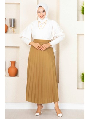 MDS Beli Lastikli Piliseli Tesettür Etek Latte